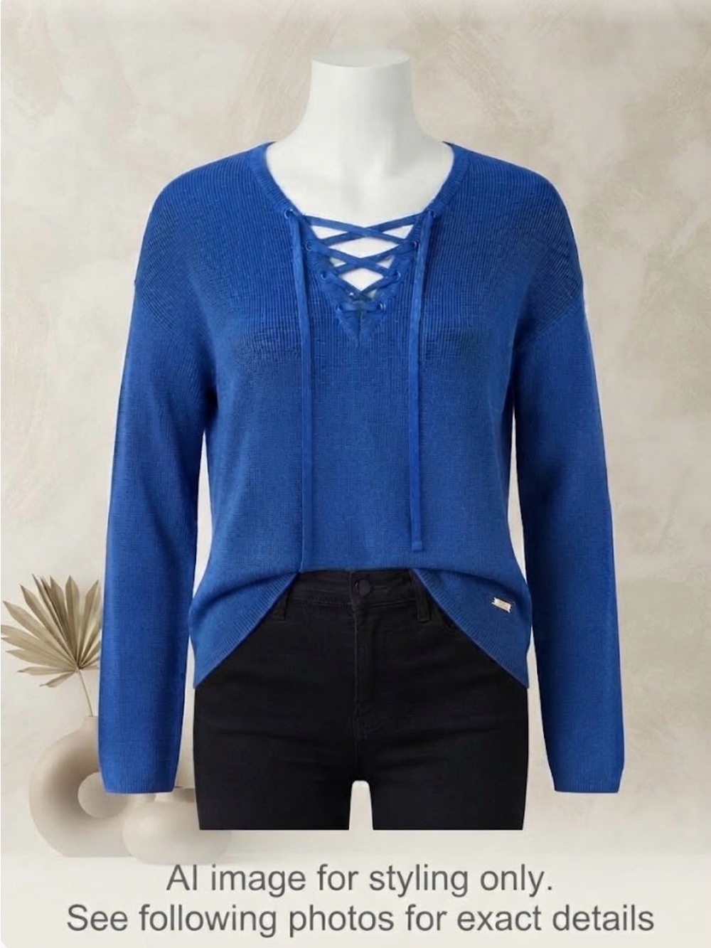 Titika Active Couture Blue Laced V-Neck Long Sleeve High-Low Knit Sweater Size L
